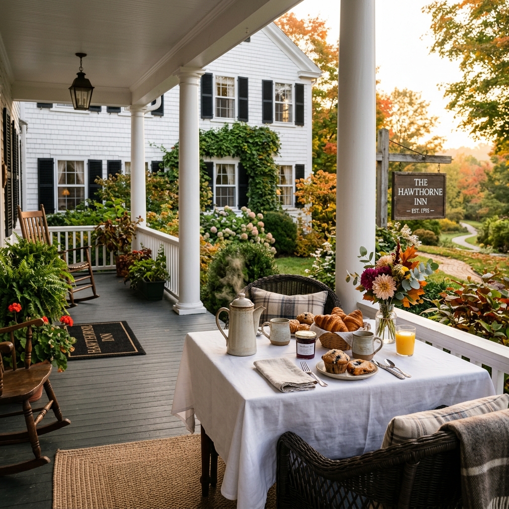 Charming New England bed and breakfast porch with gourmet morning breakfast table