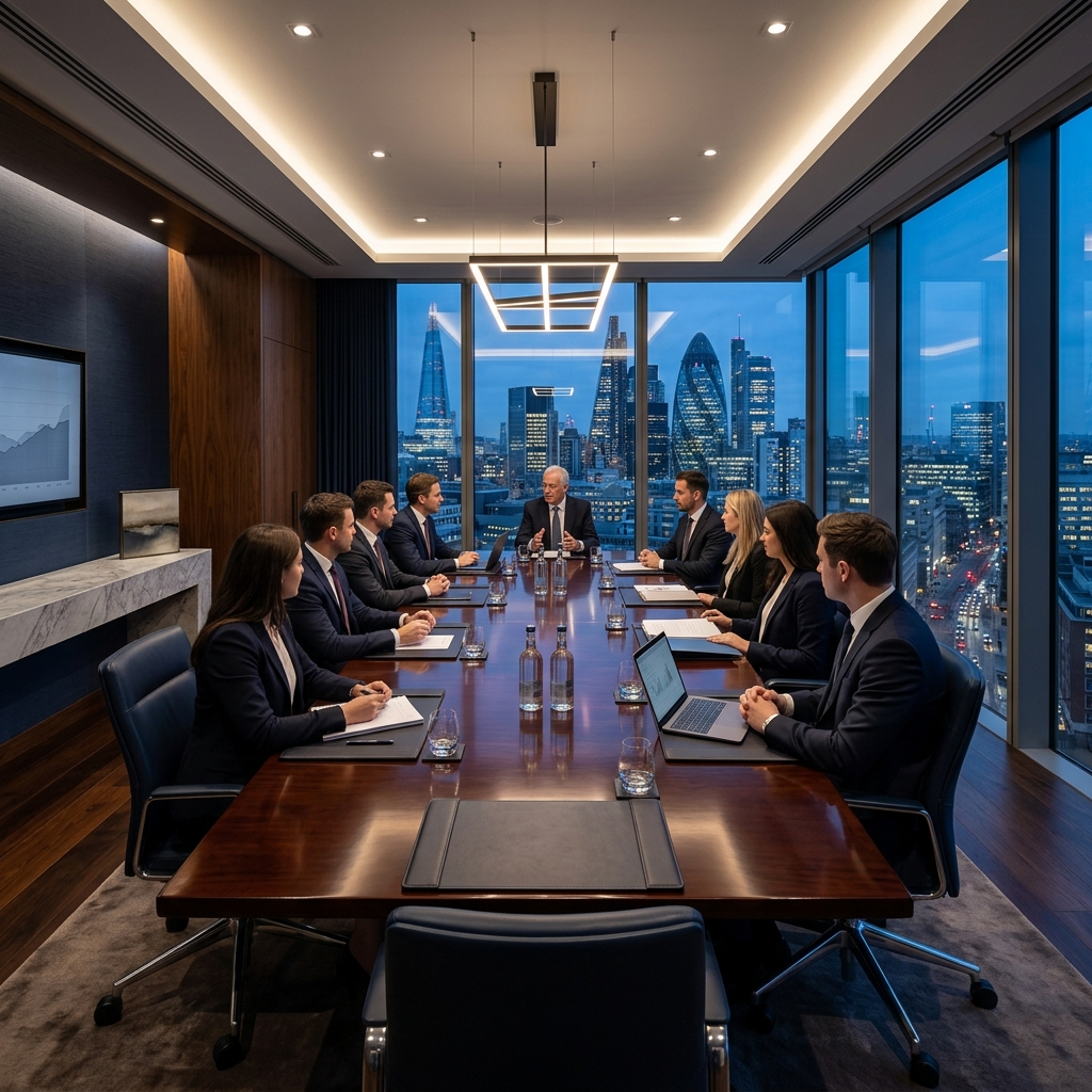 Executive law boardroom overlooking Manhattan skyline at dusk