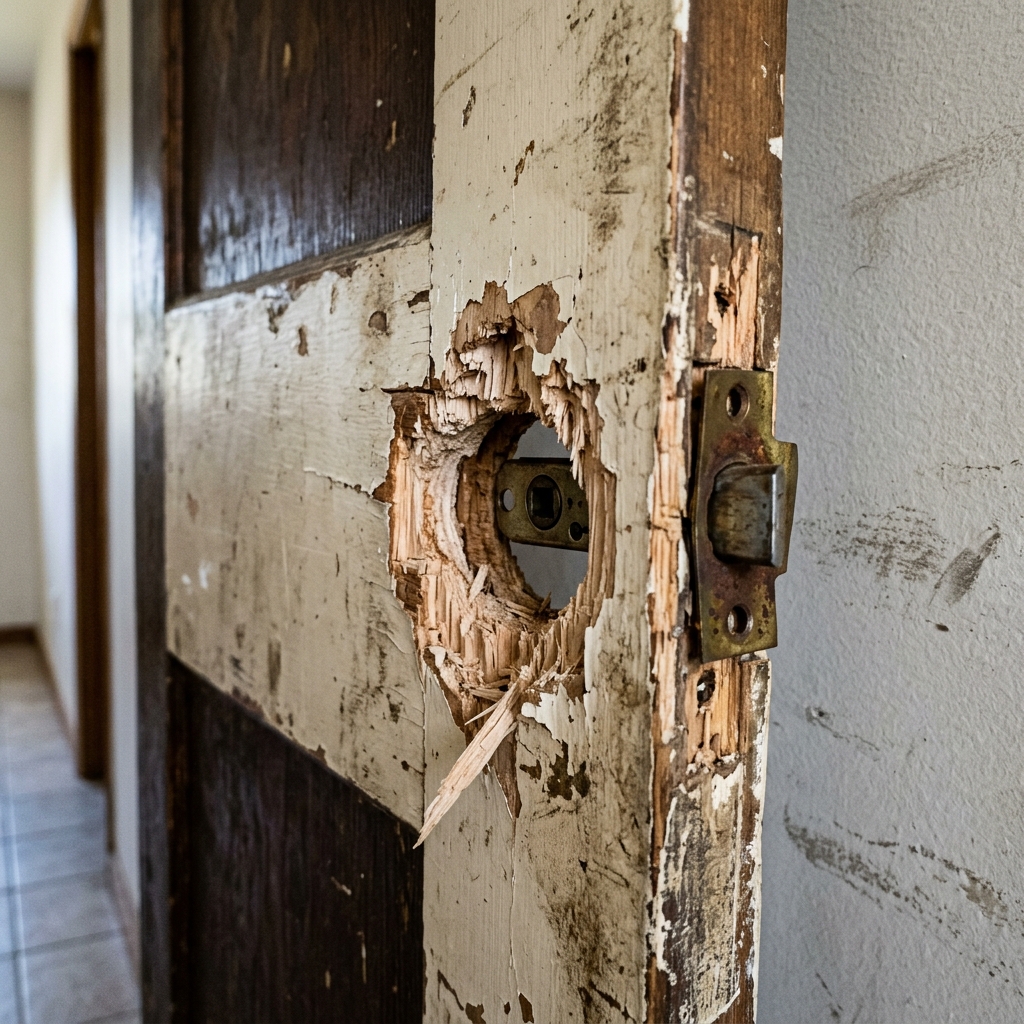 Before Damaged Door Frame & Smart Lock Installation