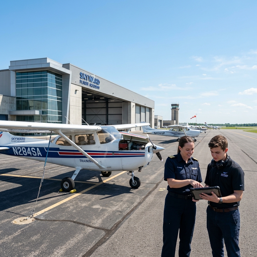 Flight school hangar tarmac with Cessna 172 training aircraft and flight instructor