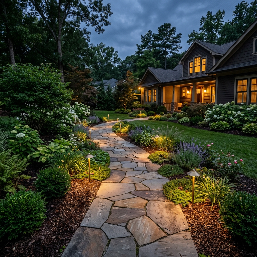 Mulch garden bed with trimmed bushes and flowers