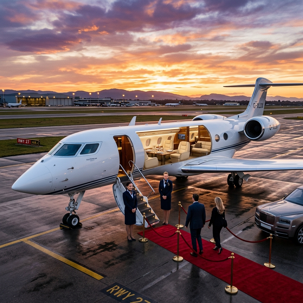 Private luxury Gulfstream jet on tarmac at sunset with VIP red carpet access