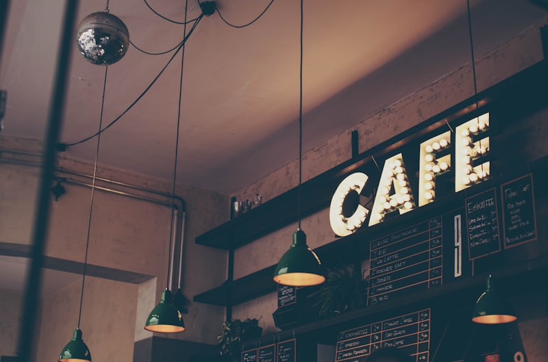 Warm industrial coffee bar atmosphere