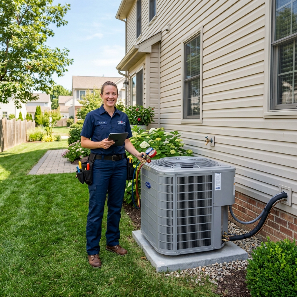 Residential HVAC technician servicing home air conditioning heat pump unit