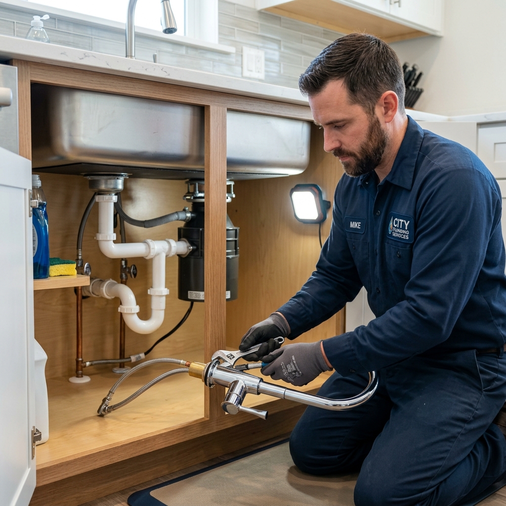 Licensed residential plumber performing home drain camera inspection